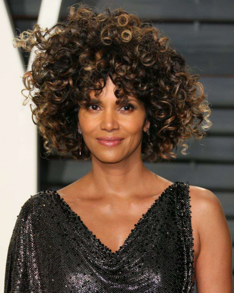 Halle Berry curly bob with curtain bangs